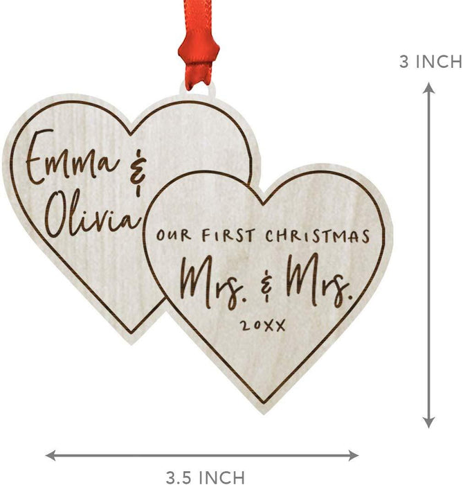 Personalized Real Wood Rustic Christmas Ornament, Double Hearts, Our First Christmas as Mrs. and Mrs., Custom Year-Set of 1-Andaz Press-