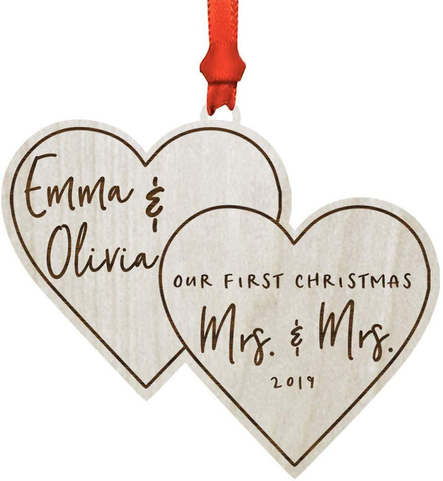 Personalized Real Wood Rustic Christmas Ornament, Double Hearts, Our First Christmas as Mrs. and Mrs., Custom Year-Set of 1-Andaz Press-