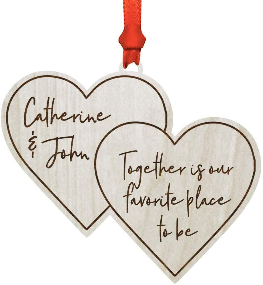 Personalized Real Wood Rustic Christmas Ornament, Double Hearts, Together is Our Favorite Place to Be, Names-Set of 1-Andaz Press-