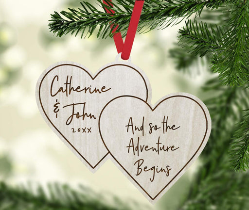 Personalized Real Wood Rustic Christmas Ornament, Double Hearts, and So The Adventure Begins, Names-Set of 1-Andaz Press-