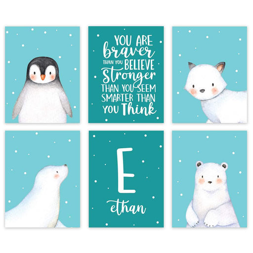 Personalized Room Aqua Arctic Animals Wall Art, You are Stronger Thank You Believe, Penguin, Winter Fox Name-Set of 6-Andaz Press-