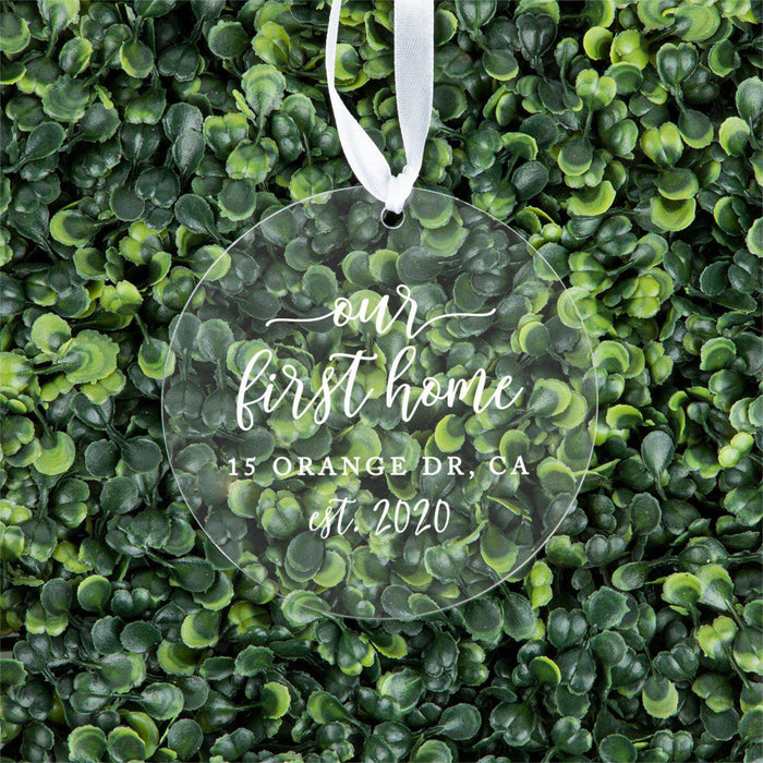 Personalized Round Clear Acrylic Christmas Tree Ornament Keepsake, New Home-Set of 1-Andaz Press-Our First Home-