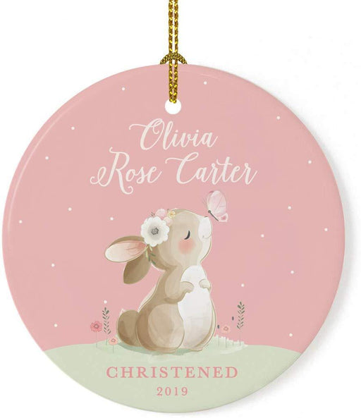 Personalized Round Porcelain Christmas Ornament, Bunny Rabbit Blush Pink Mint, Custom Name and Year-Set of 1-Andaz Press-First Christmas-