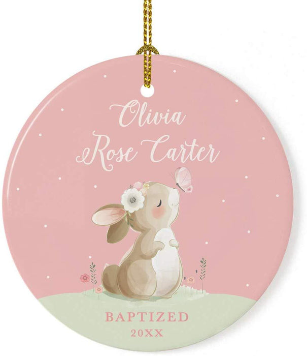 Personalized Round Porcelain Christmas Ornament, Bunny Rabbit Blush Pink Mint, Custom Name and Year-Set of 1-Andaz Press-Baptized-