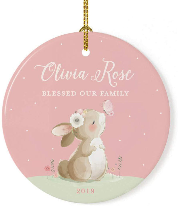 Personalized Round Porcelain Christmas Ornament, Bunny Rabbit Blush Pink Mint, Custom Name and Year-Set of 1-Andaz Press-Blessed Our Family-