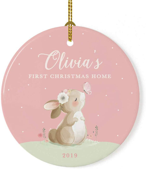 Personalized Round Porcelain Christmas Ornament, Bunny Rabbit Blush Pink Mint, Custom Name and Year-Set of 1-Andaz Press-First Christmas Home-