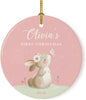 Personalized Round Porcelain Christmas Ornament, Bunny Rabbit Blush Pink Mint, Custom Name and Year-Set of 1-Andaz Press-First Christmas-