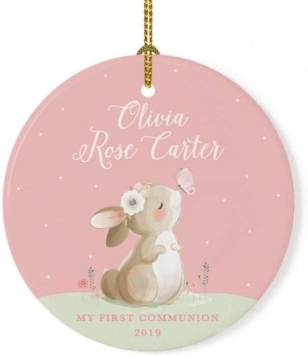Personalized Round Porcelain Christmas Ornament, Bunny Rabbit Blush Pink Mint, Custom Name and Year-Set of 1-Andaz Press-First Communion-