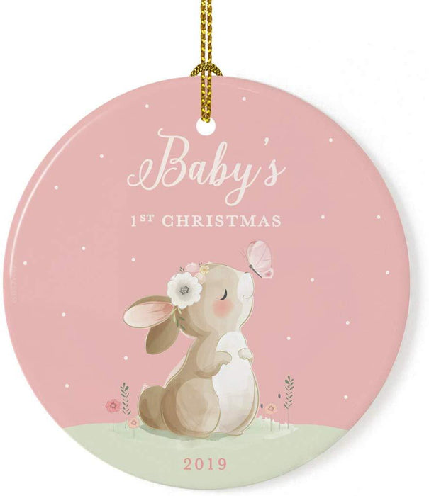 Personalized Round Porcelain Christmas Ornament, Bunny Rabbit Blush Pink Mint, Custom Year-Set of 1-Andaz Press-Baby's 1st Christmas-
