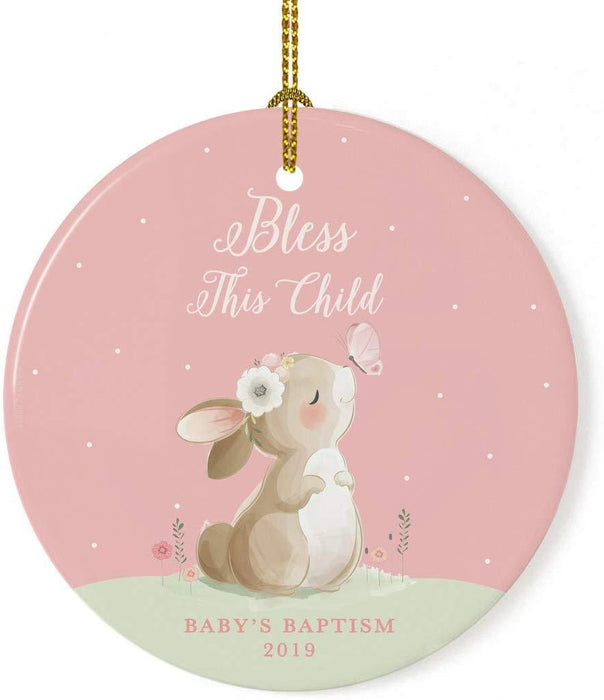 Personalized Round Porcelain Christmas Ornament, Bunny Rabbit Blush Pink Mint, Custom Year-Set of 1-Andaz Press-Bless This Child, Baby's Baptism-