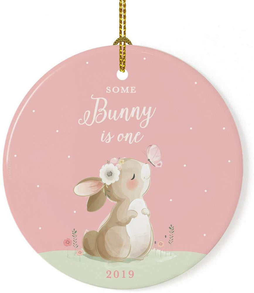 Personalized Round Porcelain Christmas Ornament, Bunny Rabbit Blush Pink Mint, Custom Year-Set of 1-Andaz Press-Some Bunny is One-