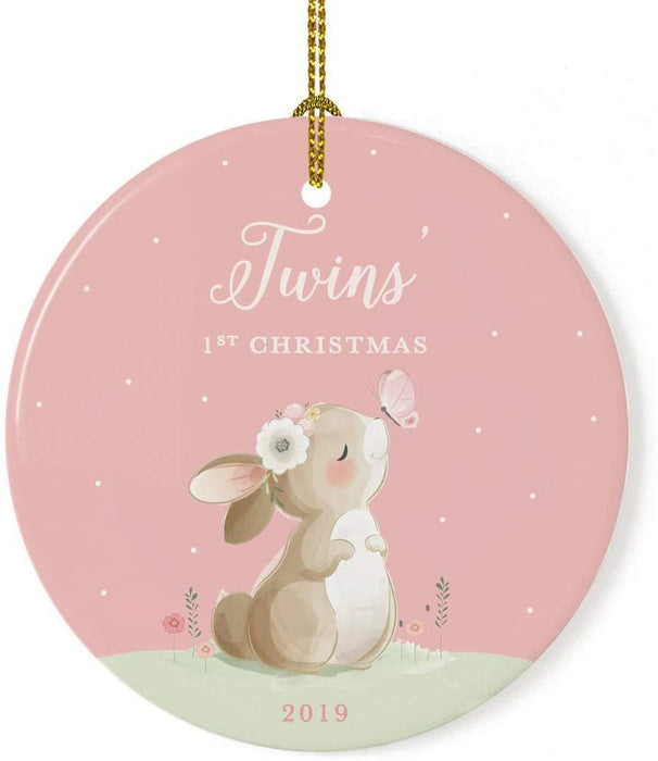 Personalized Round Porcelain Christmas Ornament, Bunny Rabbit Blush Pink Mint, Custom Year-Set of 1-Andaz Press-Twins' 1st Christmas-