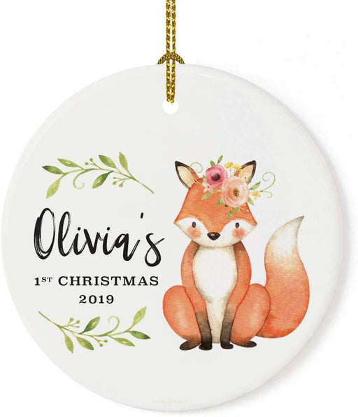 Personalized Round Porcelain Christmas Ornament, Watercolor Woodland Fox Laurels Florals, Custom Name and Year-Set of 1-Andaz Press-1st Christmas-