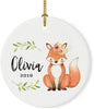 Personalized Round Porcelain Christmas Ornament, Watercolor Woodland Fox Laurels Florals, Custom Name and Year-Set of 1-Andaz Press-Custom Name-