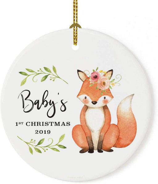 Personalized Round Porcelain Christmas Ornament, Watercolor Woodland Fox Laurels Florals, Custom Year-Set of 1-Andaz Press-Baby's 1st Christmas-