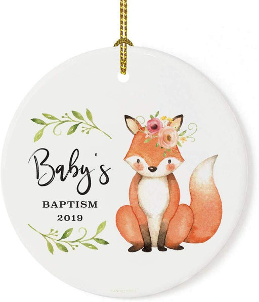 Personalized Round Porcelain Christmas Ornament, Watercolor Woodland Fox Laurels Florals, Custom Year-Set of 1-Andaz Press-Baby's Baptism-