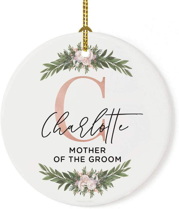 Personalized Round Porcelain Christmas Tree Ornament, Monogram Letter with Custom Name-Set of 1-Andaz Press-Bridesmaid-