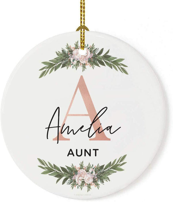 Personalized Round Porcelain Christmas Tree Ornament, Monogram Letter with Custom Name-Set of 1-Andaz Press-Bridesmaid-