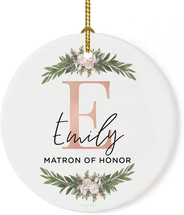 Personalized Round Porcelain Christmas Tree Ornament, Monogram Letter with Custom Name-Set of 1-Andaz Press-Bridesmaid-