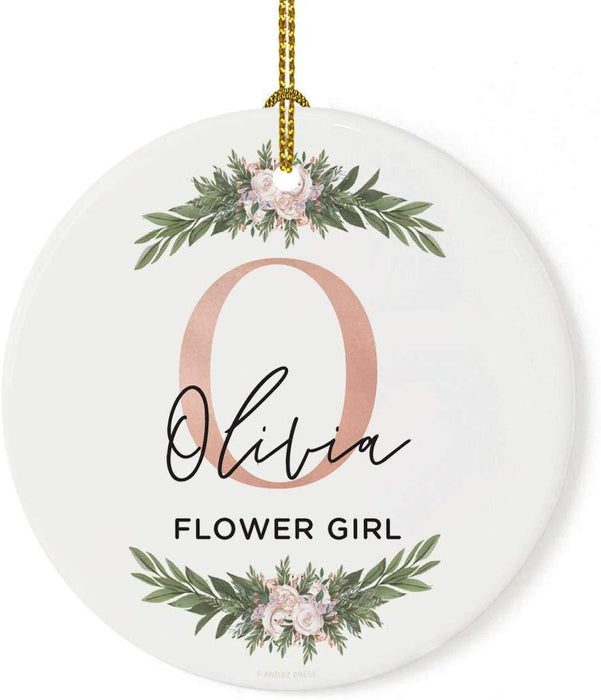 Personalized Round Porcelain Christmas Tree Ornament, Monogram Letter with Custom Name-Set of 1-Andaz Press-Bridesmaid-