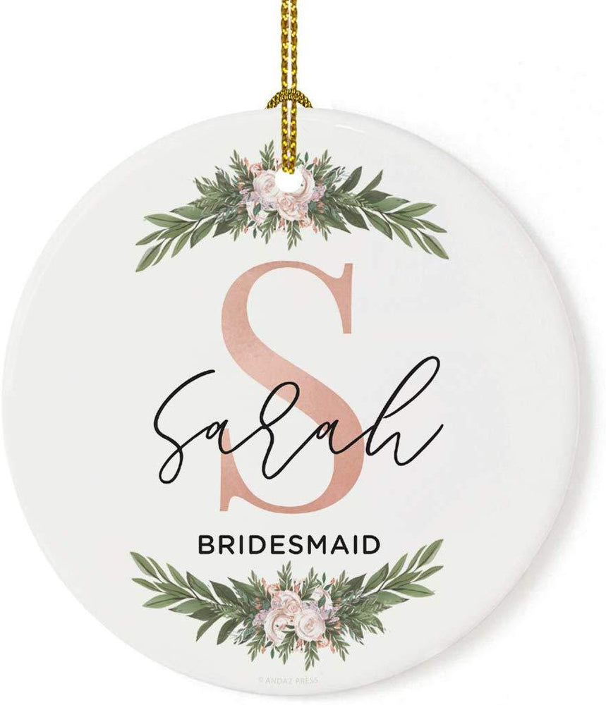 Personalized Round Porcelain Christmas Tree Ornament, Monogram Letter with Custom Name-Set of 1-Andaz Press-Bridesmaid-