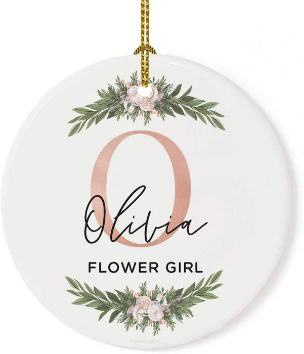 Personalized Round Porcelain Christmas Tree Ornament, Monogram Letter with Custom Name-Set of 1-Andaz Press-Flower Girl-