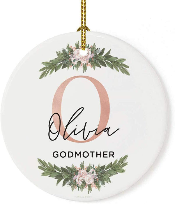 Personalized Round Porcelain Christmas Tree Ornament, Monogram Letter with Custom Name-Set of 1-Andaz Press-Godmother-