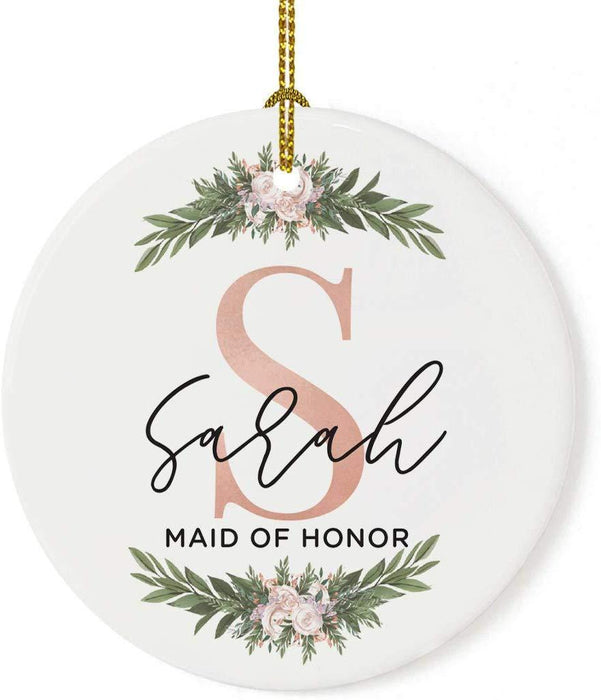 Personalized Round Porcelain Christmas Tree Ornament, Monogram Letter with Custom Name-Set of 1-Andaz Press-Maid of Honor-