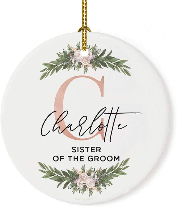 Personalized Round Porcelain Christmas Tree Ornament, Monogram Letter with Custom Name-Set of 1-Andaz Press-Sister of The Groom-