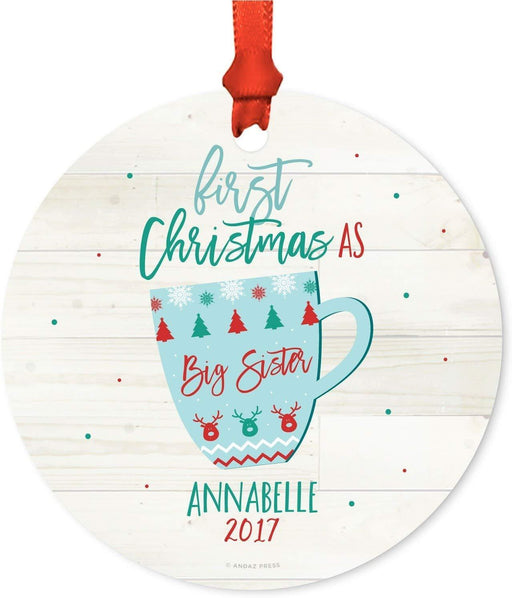 Personalized Sibling Family Metal Christmas Ornament First Christmas as Big Sister Chloe Xmas Fair Isle Hot Cocoa Mugs-Set of 1-Andaz Press-