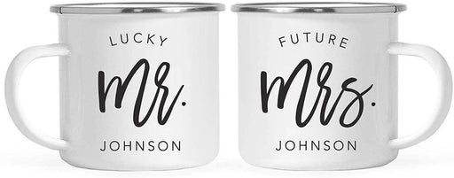 Personalized Stainless Steel Campfire Coffee Mugs Gift Set Lucky Mr. Johnson Future Mrs. Johnson Script Style-Set of 2-Andaz Press-
