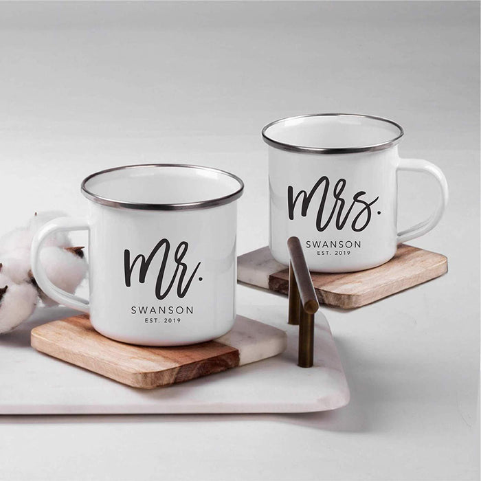 Personalized Stainless Steel Campfire Coffee Mugs Gift Set Mr. Mrs. Johnson Est. 2019 Script Style-Set of 1-Andaz Press-