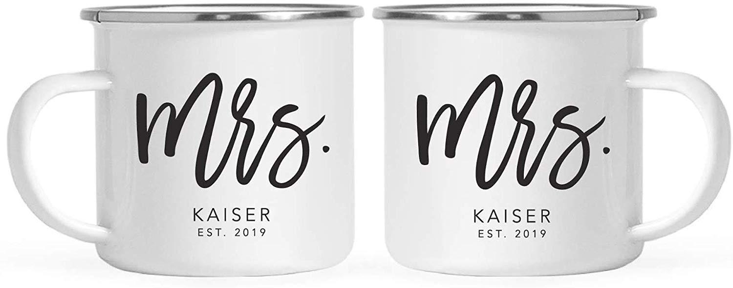 Personalized Stainless Steel Campfire Coffee Mugs Gift Set Mrs. Mrs. Kaiser Est. 2019 Script Style-Set of 2-Andaz Press-