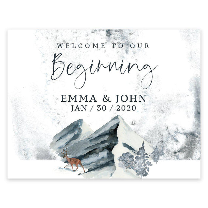 Personalized Unframed Winter Snowy Woodland Forest Watercolor Party Sign-Set of 1-Andaz Press-Welcome To Our Beginning-
