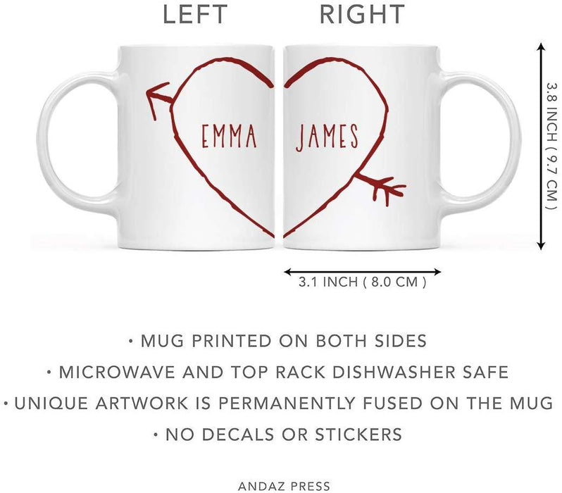 Personalized Valentine's Day Coffee Mug Gift for Couple Heart with Arrows Graphic Including Couple Names-Set of 2-Andaz Press-