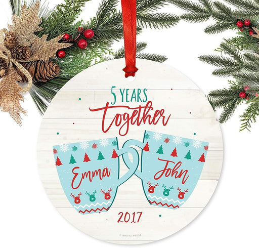 Personalized Wedding Anniversary Metal Christmas Ornament 5 Years Together Xmas Fair Isle Hot Cocoa Mugs-Set of 1-Andaz Press-