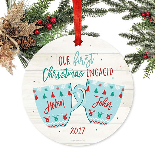 Personalized Wedding Engagement Metal Christmas Ornament Our First Christmas Engaged Xmas Fair Isle Hot Cocoa Mugs-Set of 1-Andaz Press-