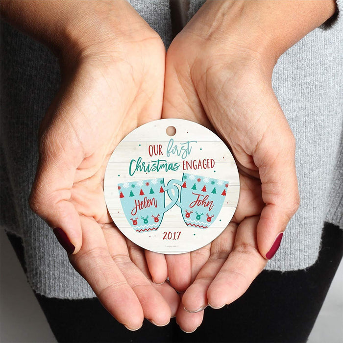Personalized Wedding Engagement Metal Christmas Ornament Our First Christmas Engaged Xmas Fair Isle Hot Cocoa Mugs-Set of 1-Andaz Press-