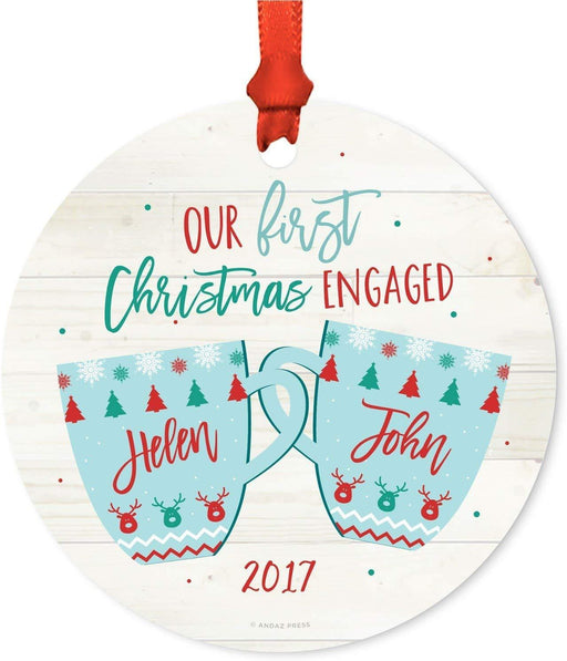 Personalized Wedding Engagement Metal Christmas Ornament Our First Christmas Engaged Xmas Fair Isle Hot Cocoa Mugs-Set of 1-Andaz Press-