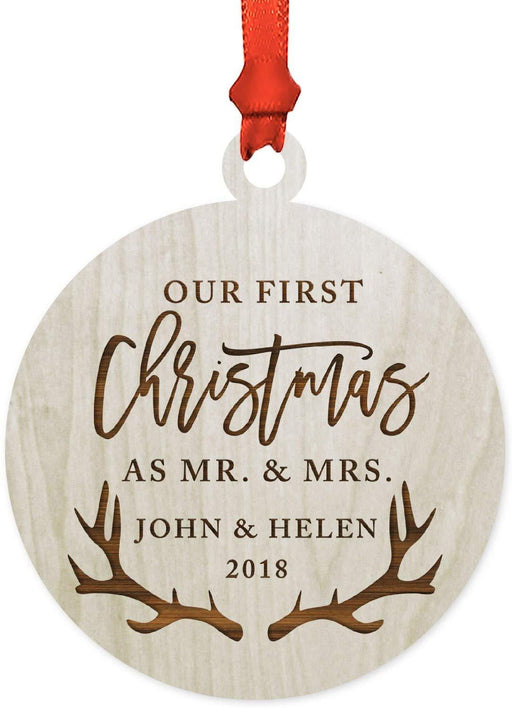 Personalized Wedding Laser Engraved Wood Christmas Ornament Our First Christmas as Mr. Mrs. Custom Name Deer Antlers-Set of 1-Andaz Press-