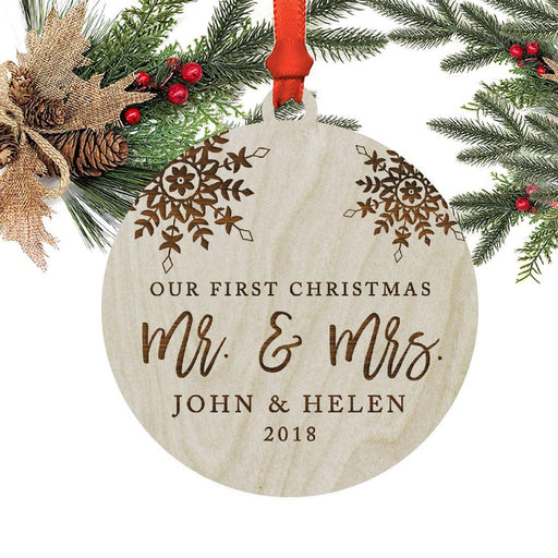 Personalized Wedding Laser Engraved Wood Christmas Ornament, Our First Christmas as Mr. & Mrs., Custom Name, Snowflakes-Set of 1-Andaz Press-