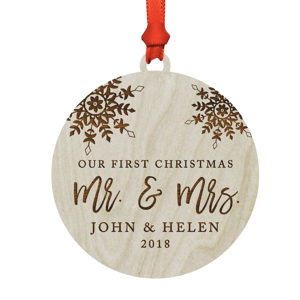 Personalized Wedding Laser Engraved Wood Christmas Ornament, Our First Christmas as Mr. & Mrs., Custom Name, Snowflakes-Set of 1-Andaz Press-