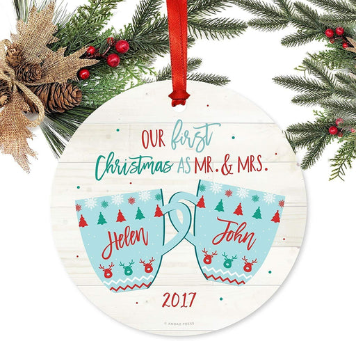 Personalized Wedding Metal Christmas Ornament Our First Christmas as Mr. & Mrs Helen & John Xmas Fair Isle Hot Cocoa Mugs-Set of 1-Andaz Press-