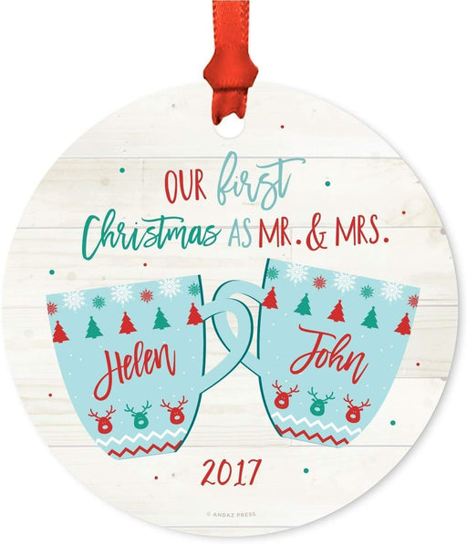 Personalized Wedding Metal Christmas Ornament Our First Christmas as Mr. & Mrs Helen & John Xmas Fair Isle Hot Cocoa Mugs-Set of 1-Andaz Press-