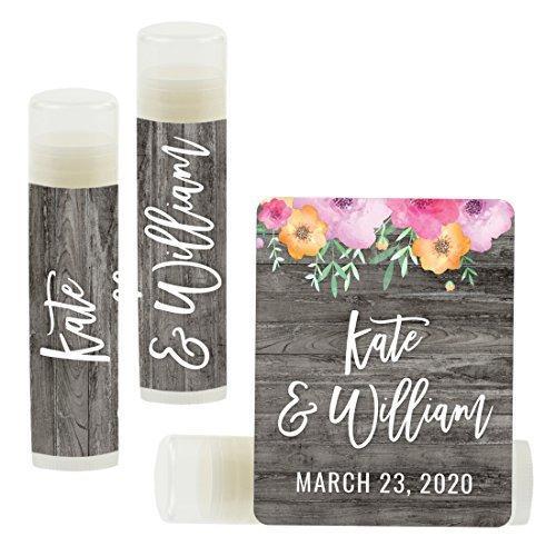 Personalized Wedding Party Lip Balm Favors, Florals on Gray Rustic Wood, Custom Name and Date-Set of 12-Andaz Press-