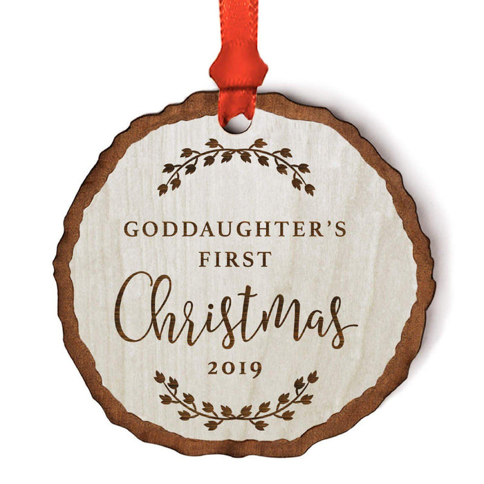 Personalized Wood Rustic Farmhouse Keepsake Christmas Ornament, Engraved Wood Slab-Set of 1-Andaz Press-Goddaughter's 1st Christmas-