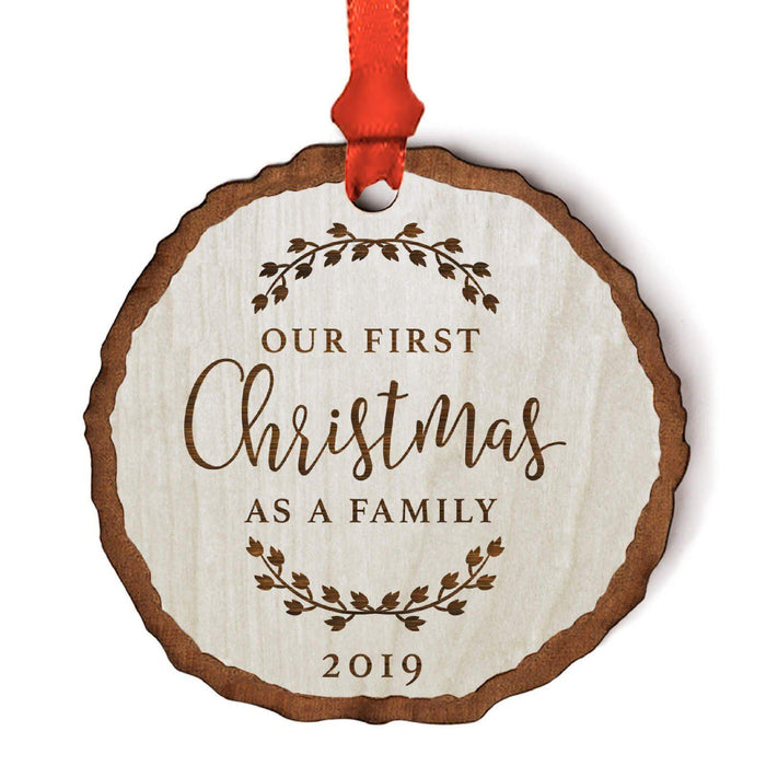 Personalized Wood Rustic Farmhouse Keepsake Christmas Ornament, Engraved Wood Slab-Set of 1-Andaz Press-Our First Christmas as a Family-