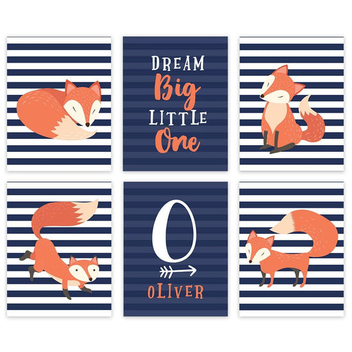 Personalized Woodland Fox Theme Nursery Room Hanging Wall Art, Navy Blue Stripes Orange, Dream Big Little One Name-Set of 6-Andaz Press-