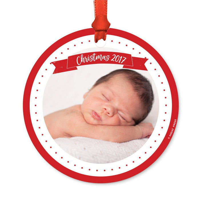 Photo Custom Metal Christmas Ornament, Red Love Peace Joy, Includes Ribbon and Gift Bag-Set of 1-Andaz Press-White Snowflakes-