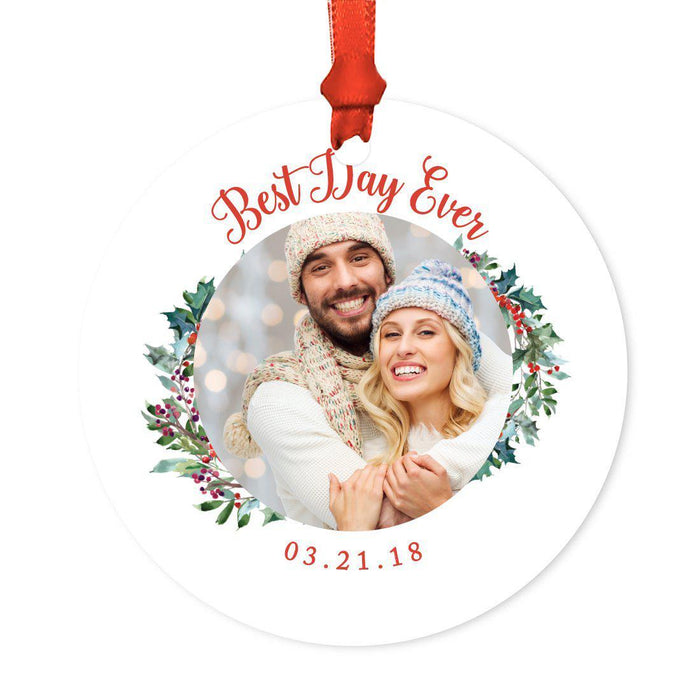 Photo Custom Metal Christmas Ornament, Red Love Peace Joy, Includes Ribbon and Gift Bag-Set of 1-Andaz Press-White Snowflakes-